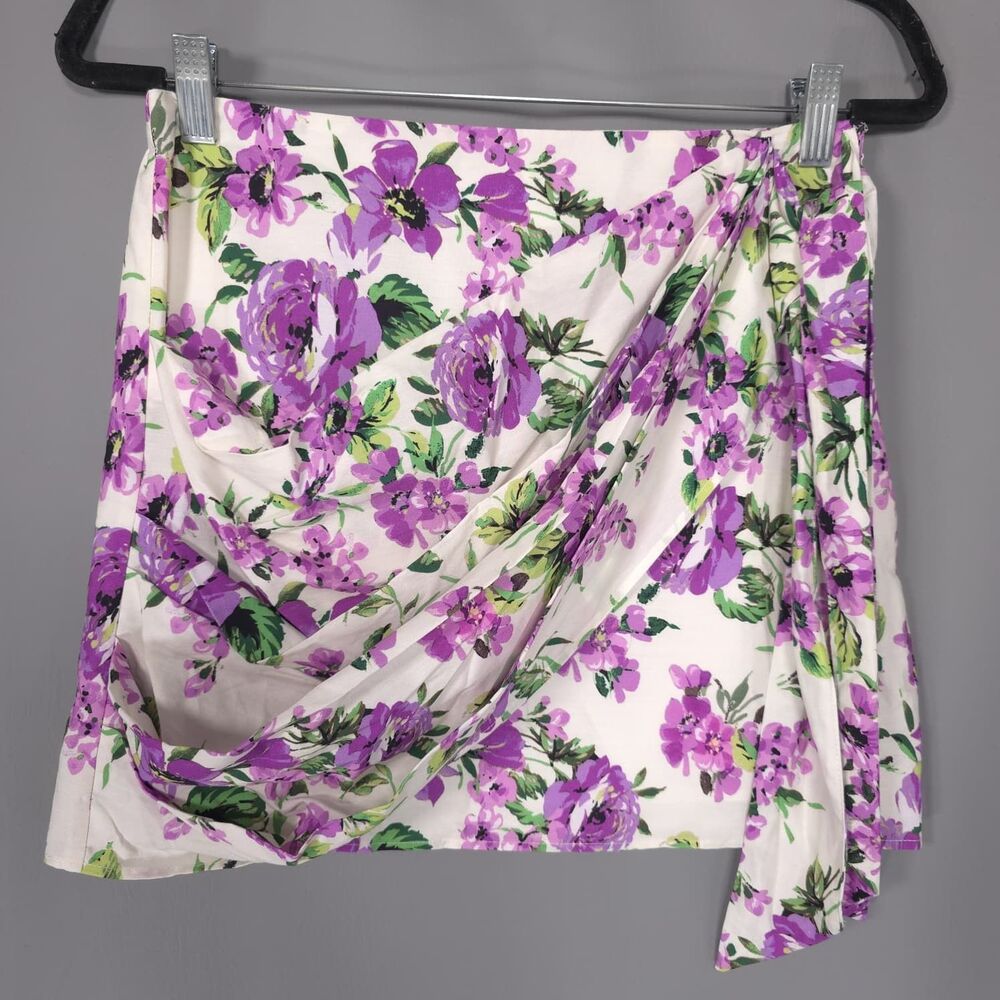 ANTHROPOLOGIE MAEVE Women's SMALL New Cotton Floral Wrap Mini Skirt Purple Bow